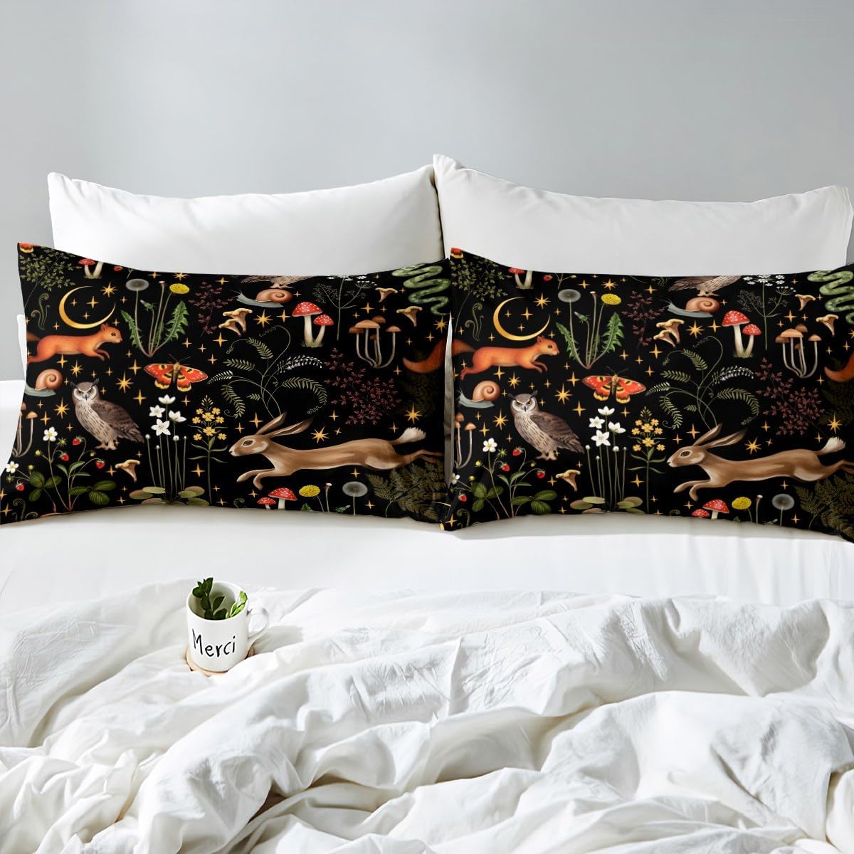 Cartoon Mushroom Duvet Cover Twin Size 2 Pcs Cute Rabbit Owl Wild Animals Bedding Set for Kids Teens Adults Glitter Moon Stars Rustic Jungle Style Quilt Cover with 1 Pillowcase(No Comforter)