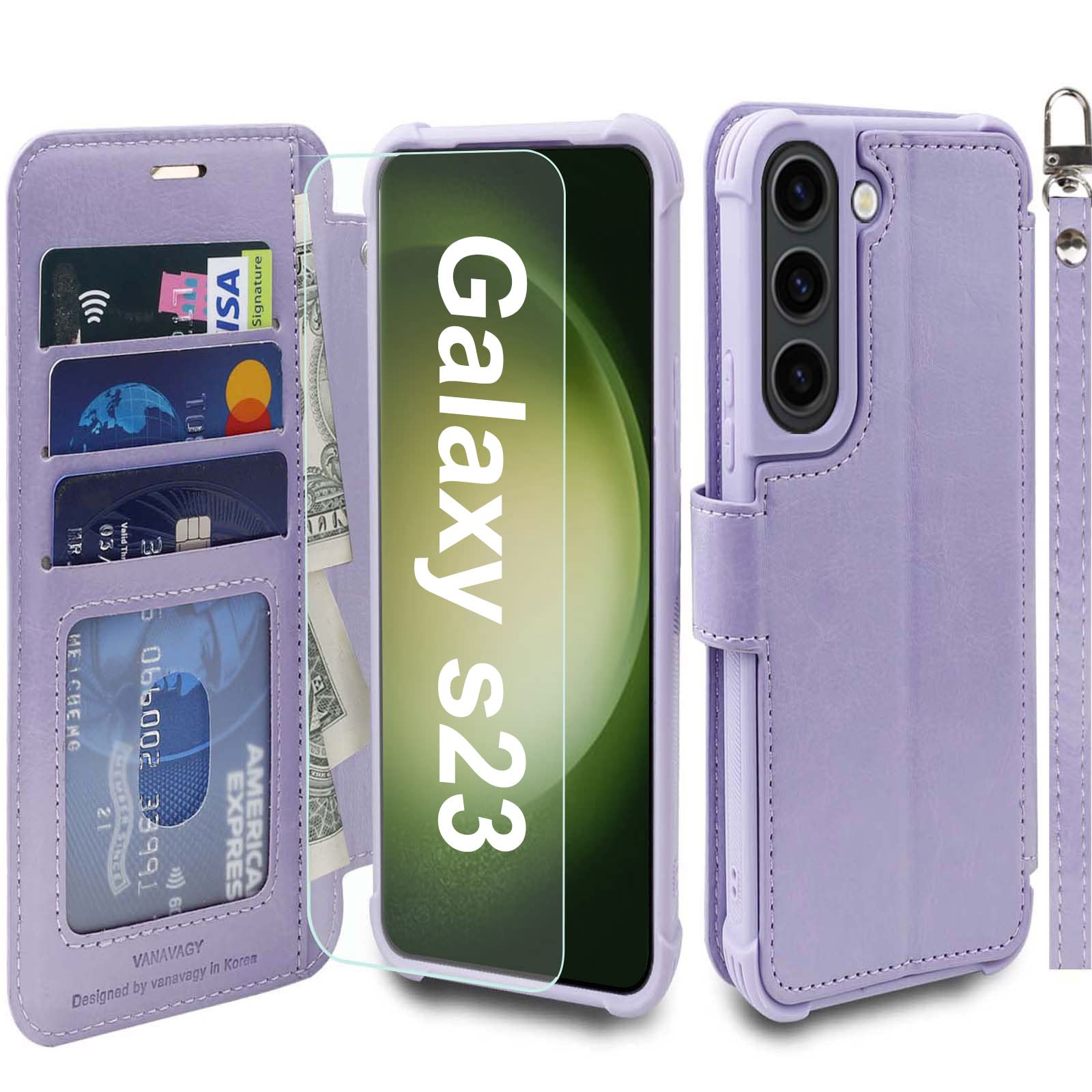 VANAVAGY Compatible for Galaxy S23+ Plus Wallet Case, 12ft Drop Protection, RFID Blocking PU Leather Flip Cover