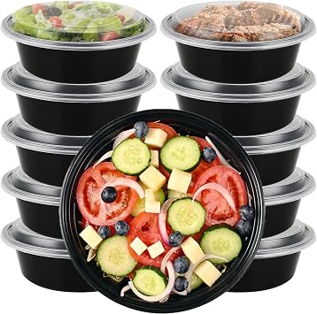 Round Plastic Meal Prep Containers, BPA Free Food Containers Reusable with Airtight Lids - Ideal Stackable Salad Bowls - Microwavable, Freezer and Dishwasher Safe 10 Pack, 24 oz