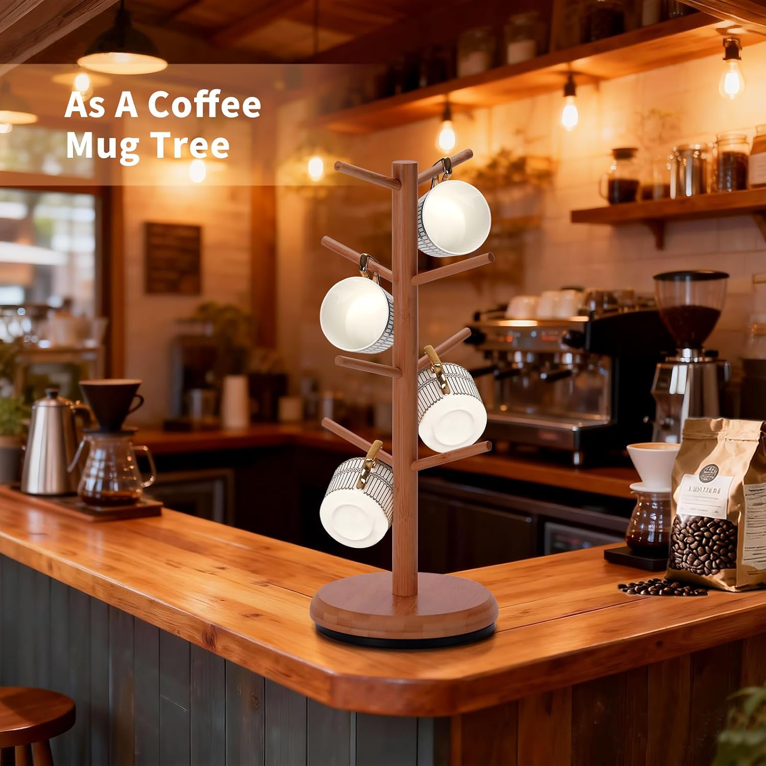 BAMBANG Mug Holder, 360° Rotating Mug Tree Holds 8 Coffee Cups, Space Saving Mug Stand with Stable Base for Kitchen Coffee Bar