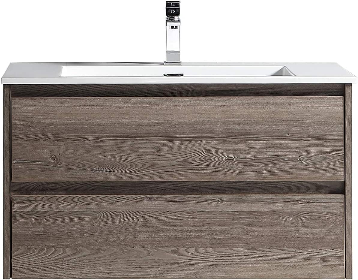 Bathroom Vanity Marlow Liv 24 Inches - Includes Wall Mounted Cabinet with 2 Large Drawers and White Countertop with Integrated Sink - Light Brown - Wood - Assembled Vanity