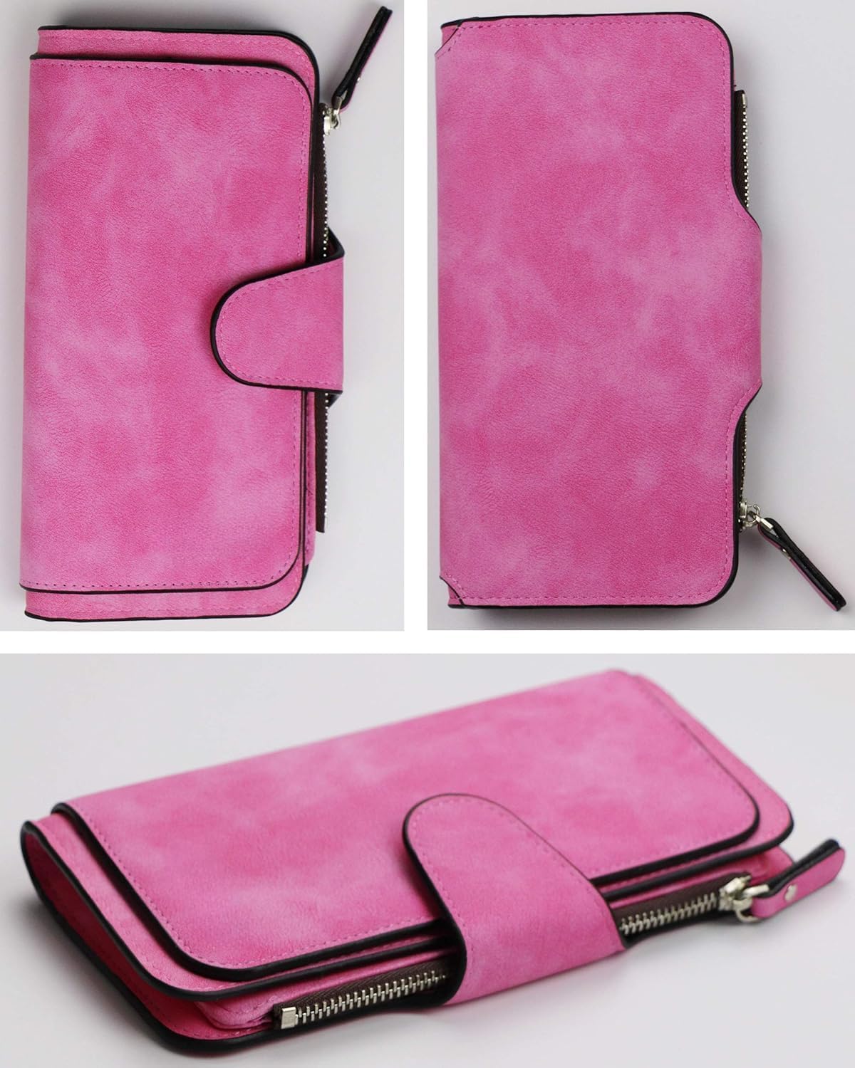 Long Genuine Leather Wallet for Women RFID Blocking Soft Clutch with Zipper Coin Pocket Light Blue (Rose Red)