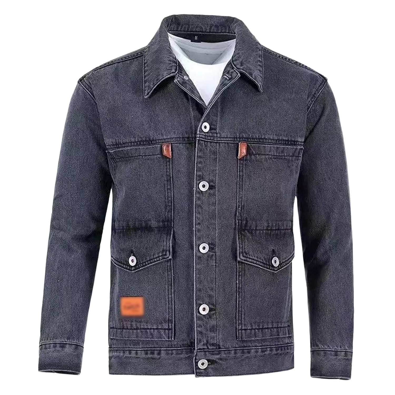 Jaqueta jeans masculina com vários bolsos, cor sólida, lapela, respirável, não irrita a pele