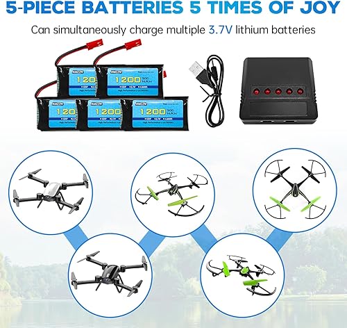 Miniatura 2 de 5 unidades 3.7 V 1200 mAh 30C Lipo batería con cargador 5 en 1 enchufe JST para MJX T04 T05 T25 X900 X9TW V2400HD V2450FPV V2450GPS RC Drone