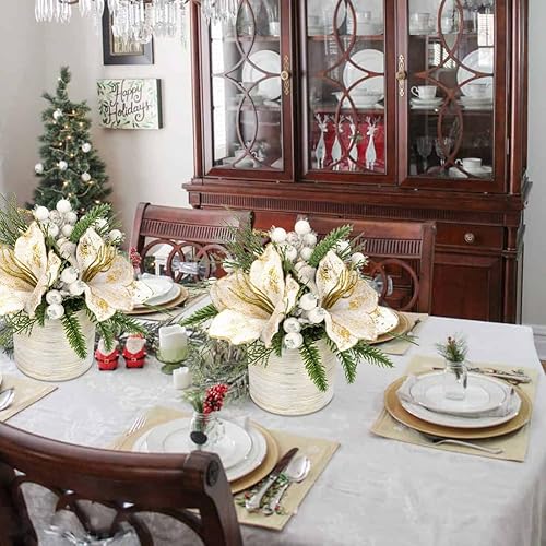 Miniatura 3 de Briful Árbol de Navidad de 11.4 pulgadas, arreglo de Navidad artificial grande en maceta con pino blanco nevado y magnolia flores de Navidad para