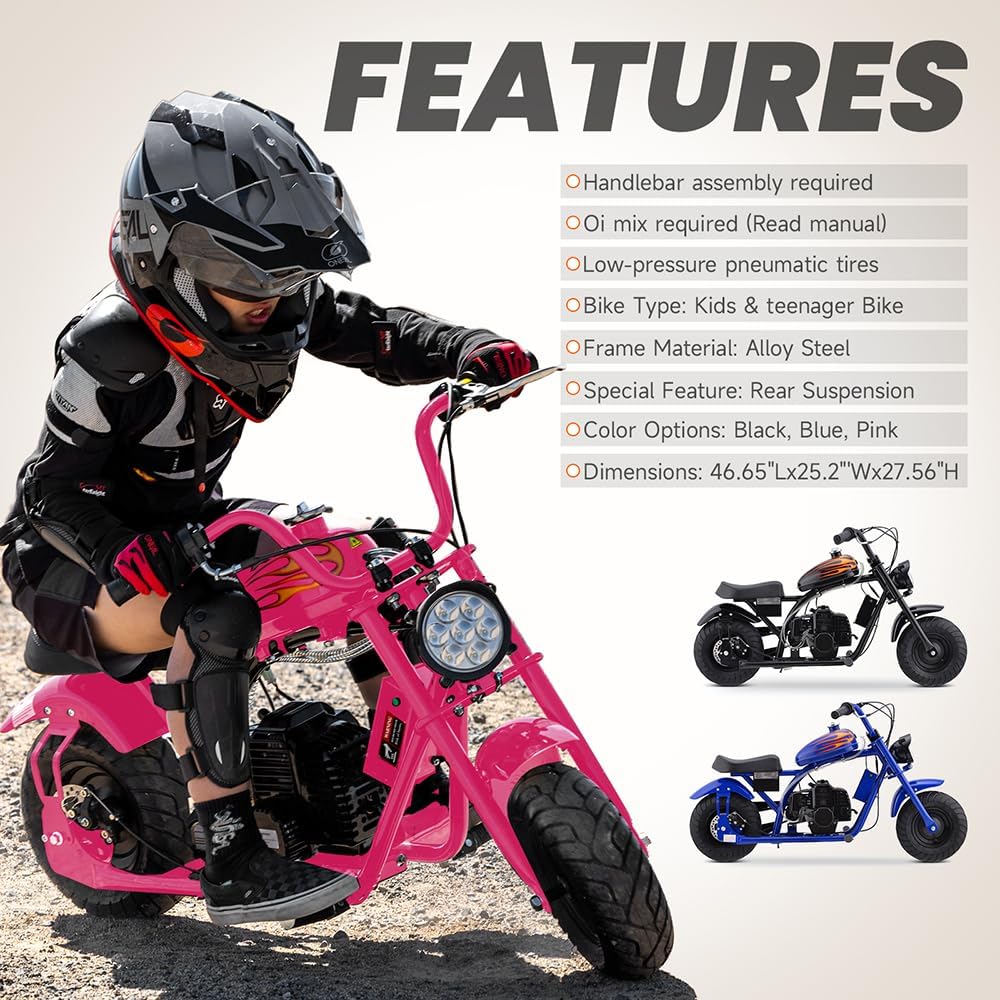 Mini Chopper Bike, 49.4 CC 2-Stroke Dirt Bike Motorcycle, Premium Tire, Disc Brake, Max165Lbs, Max 20Mph, EPA Approved
