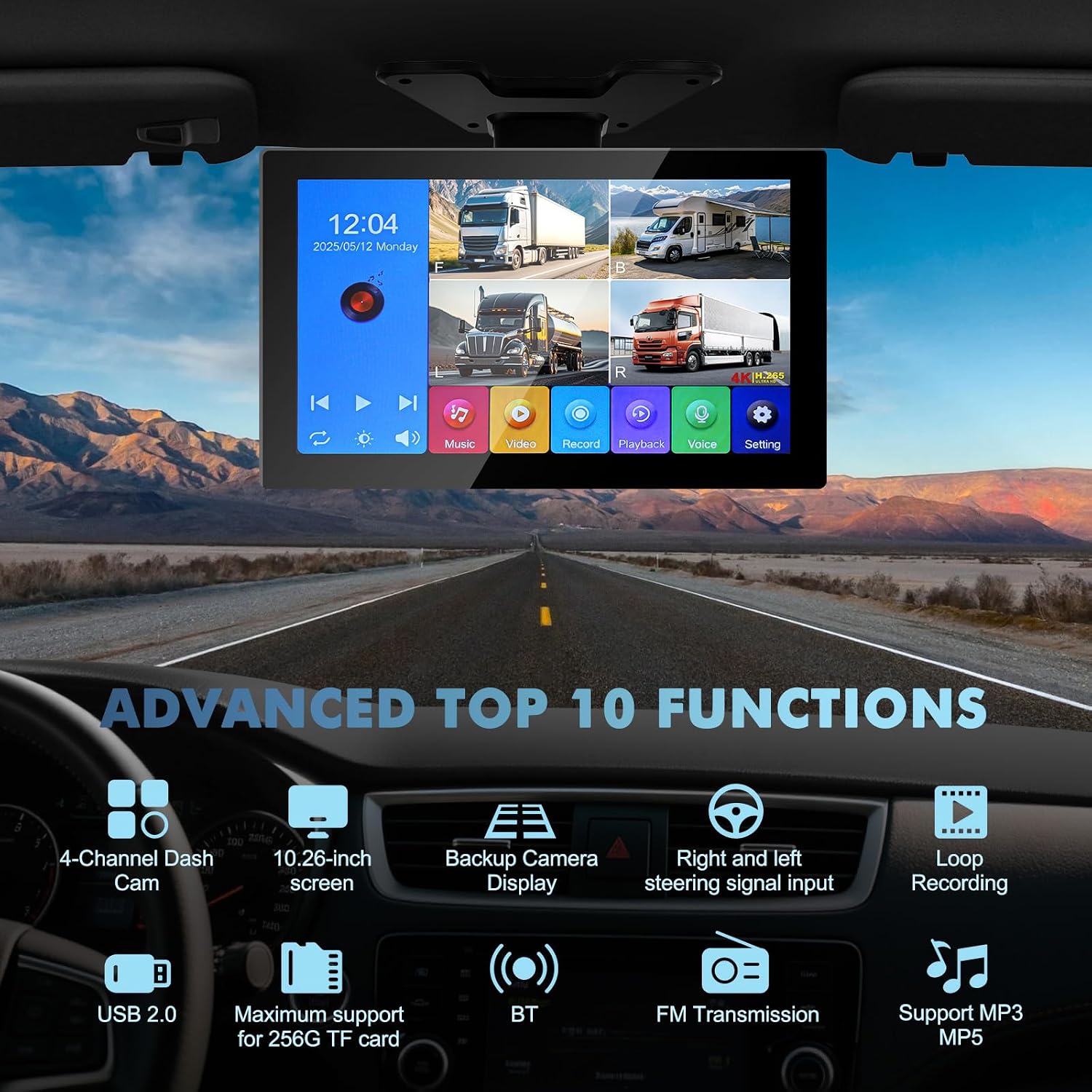 4 Channel Backup Camera Dash Cam 10.1" 1080p IP69 Waterproof DVR Recording Playback rv Camera System Music Video Player for Trucks Semis RVs Trailers Vans SUVs Carsn
