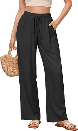 GRAPENT Linen Pants for Women Wide Leg High Waisted Baggy Drawstring Elastic Waist Palazzo Trousers with Pockets