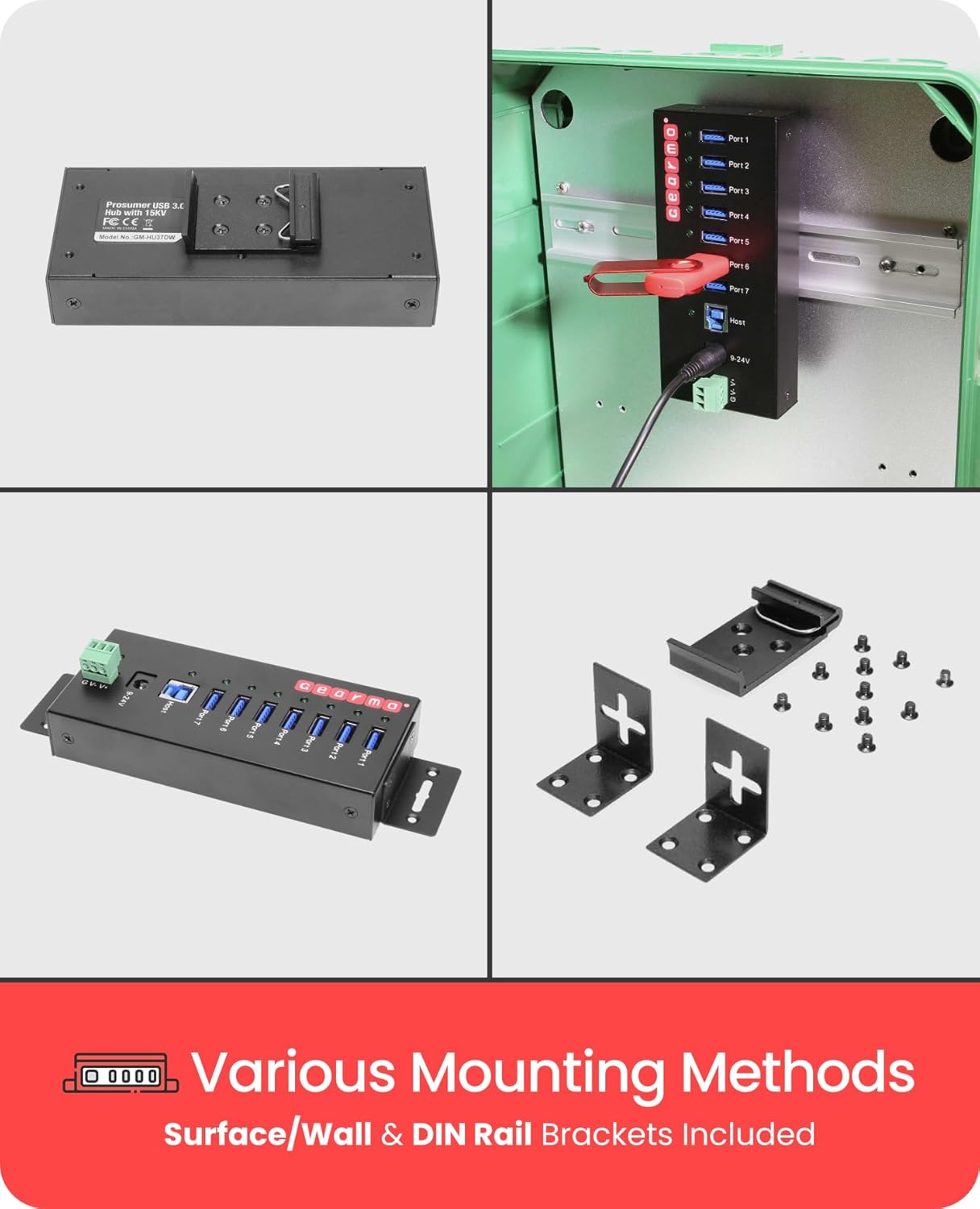 Gearmo 7 Port USB 3.0 Hub w/Surge Protection, 5Gbps Speed, LEDs, Surface & DIN Rail Mounting