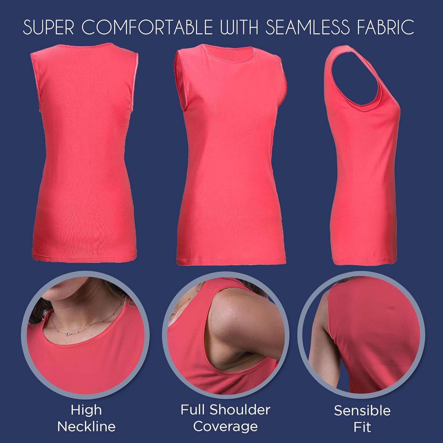 Women's Sleeveless Undershirt - Cotton - High Neck, Full shoulder design Coral Large - Image 3