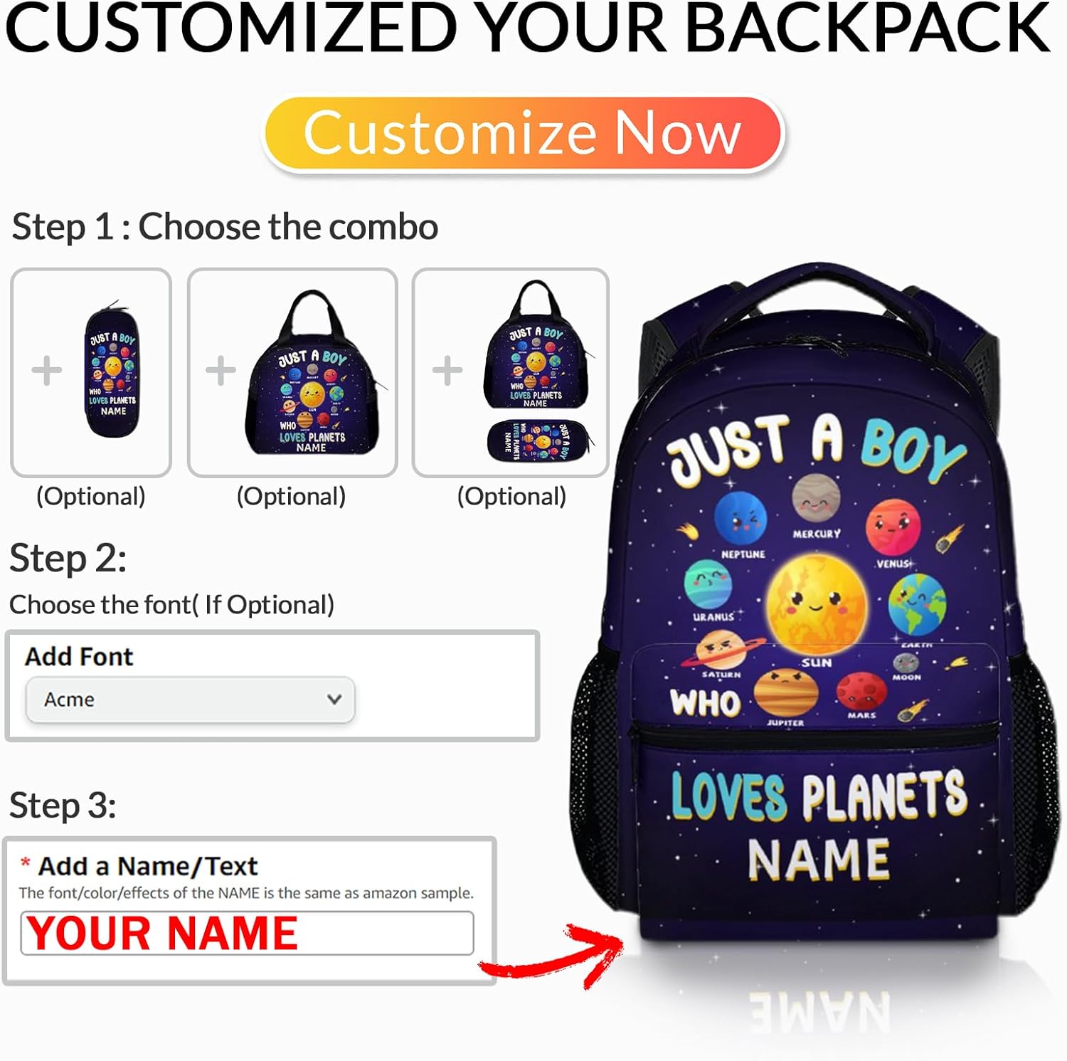 Personalized Boys Backpack for School, 17" Cute Planet Backpack for Kids, Custom Black Large Capacity Solar System Lightweight Bookbag for Preschool Student