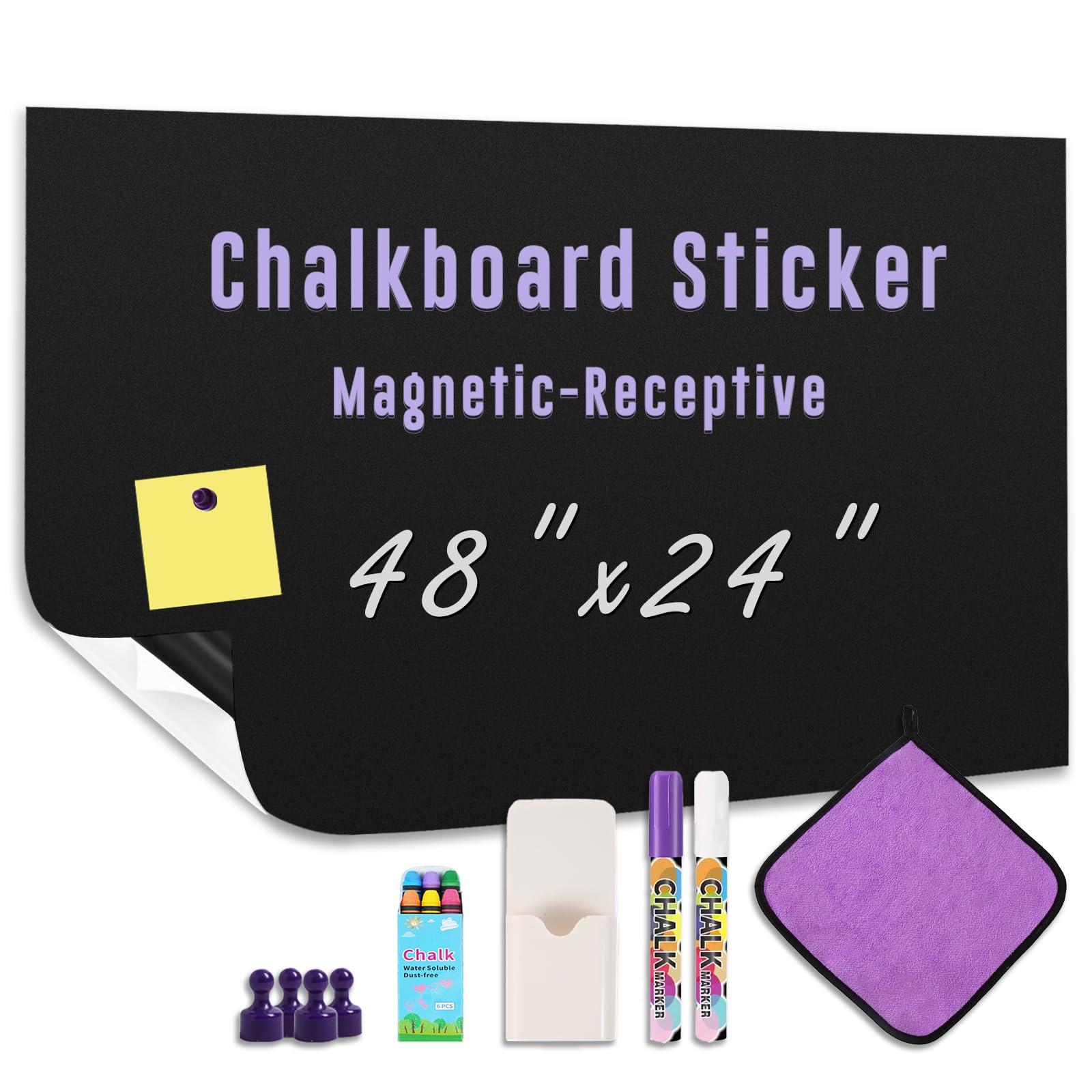 Magnetic Chalkboard Wallpaper Peel and Stick 48" x 24", Self-Adhesive Chalkboard Contact Paper with Chalk Markers, Magnets, Pen Holder & Rag - Ideal for Kids' Playrooms, Home Offices, and Classrooms