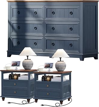 Joaxswe Farmhouse Dresser and Nightstand Set of 3, 6 Drawers Dresser for Bedroom and 24" Wide End Side Table with Charging Station, 54" Chest of Drawers & Night Stand Set for Living Room, Navy Blue
