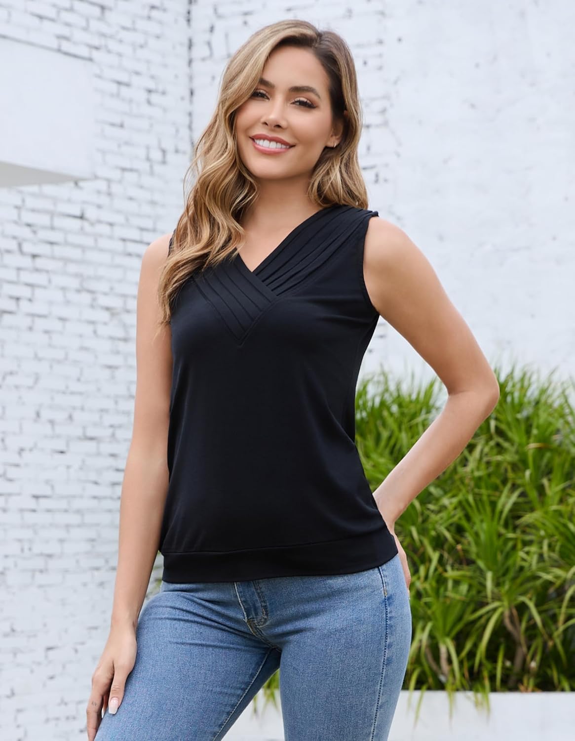 Merino Wool Pleated V Neck Tank Top for Women for Work, Sleeveless Summer Shirt for Women, Moisture Wicking Camisole - Image 7