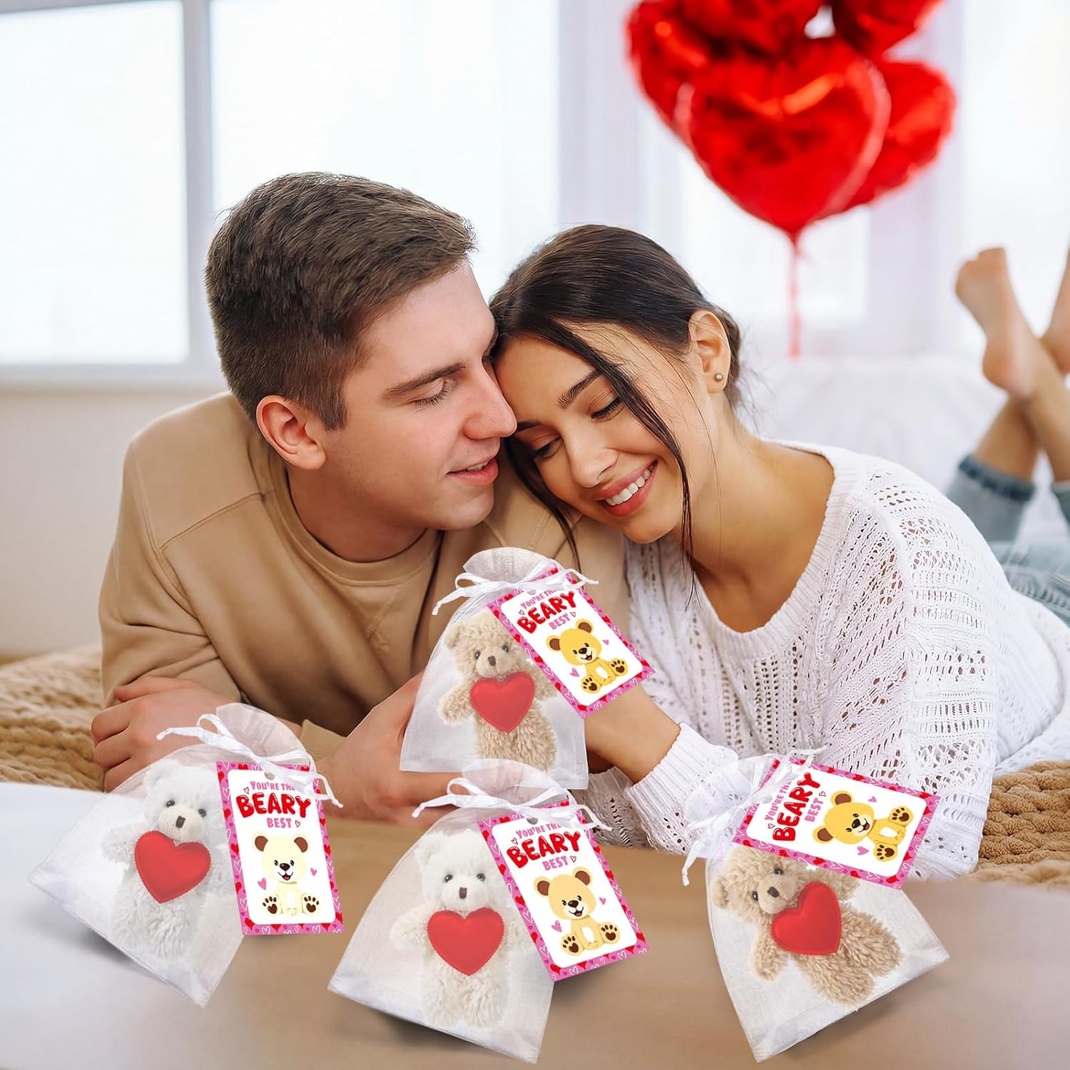 Jenaai 24 Set Valentine‘s Day Mini Teddy Bear Gift Bulk 5.1 Inch Valentines Day Stuffed Animals Plush Toys Small Cute Bear with Greeting Cards and Organza Bag for Girlfriend Birthday Party(Heart)