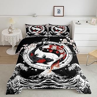 Feelyou Japanese Koi Fish Comforter Set Twin Size Kids Japanese Wave Comforter for Boys Girls Teens Cherry Blossoms Home Decor Bedding Set Japanese-Style Duvet Set
