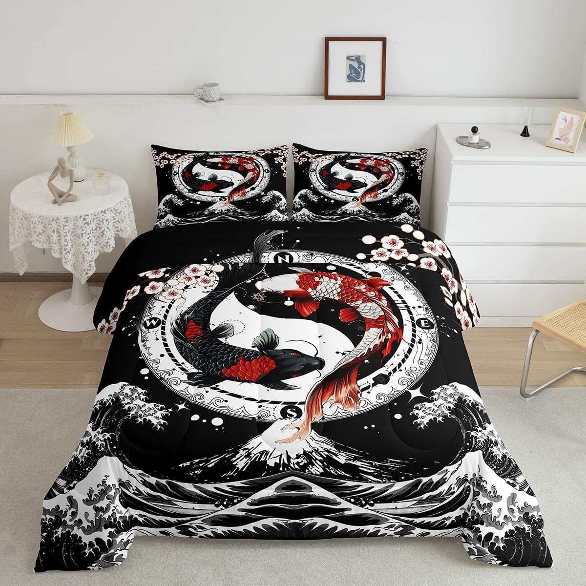Feelyou Japanese Koi Fish Comforter Set Twin Size Kids Japanese Wave Comforter for Boys Girls Teens Cherry Blossoms Home Decor Bedding Set Japanese-Style Duvet Set