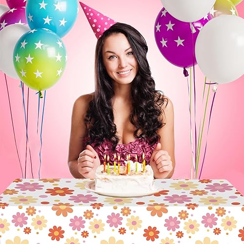 Miniatura 4 de Mantel desechable de 3 piezas de margaritas, 54 x 108 pulgadas, diseño hippie retro para cumpleaños, baby shower, suministros de fiesta de boda,