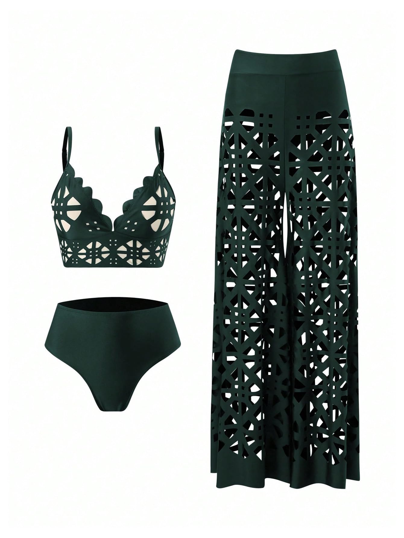 Traje de baño de 3 piezas para mujer, conjunto de bikini hueco con pantalones de cobertura, color verde, talla M