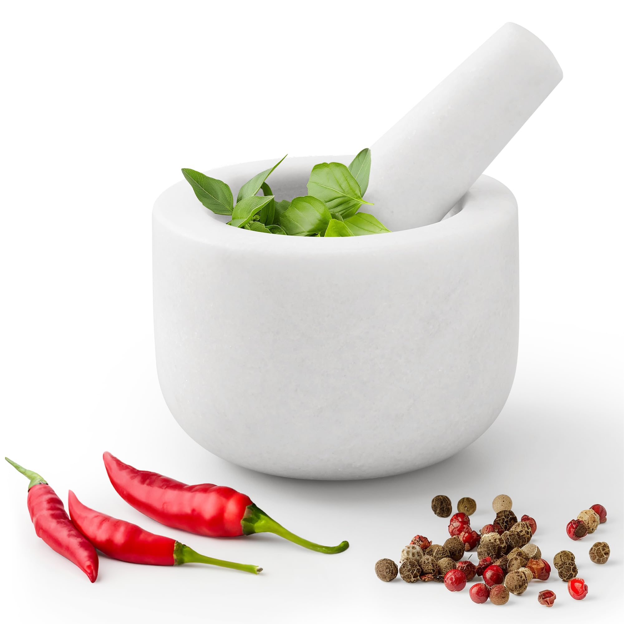 Mortero de Cocina de Mármol Navaris - Molcajete Ø 8,5 cm con Pilón - Triturador Manual de Piedra Blanco