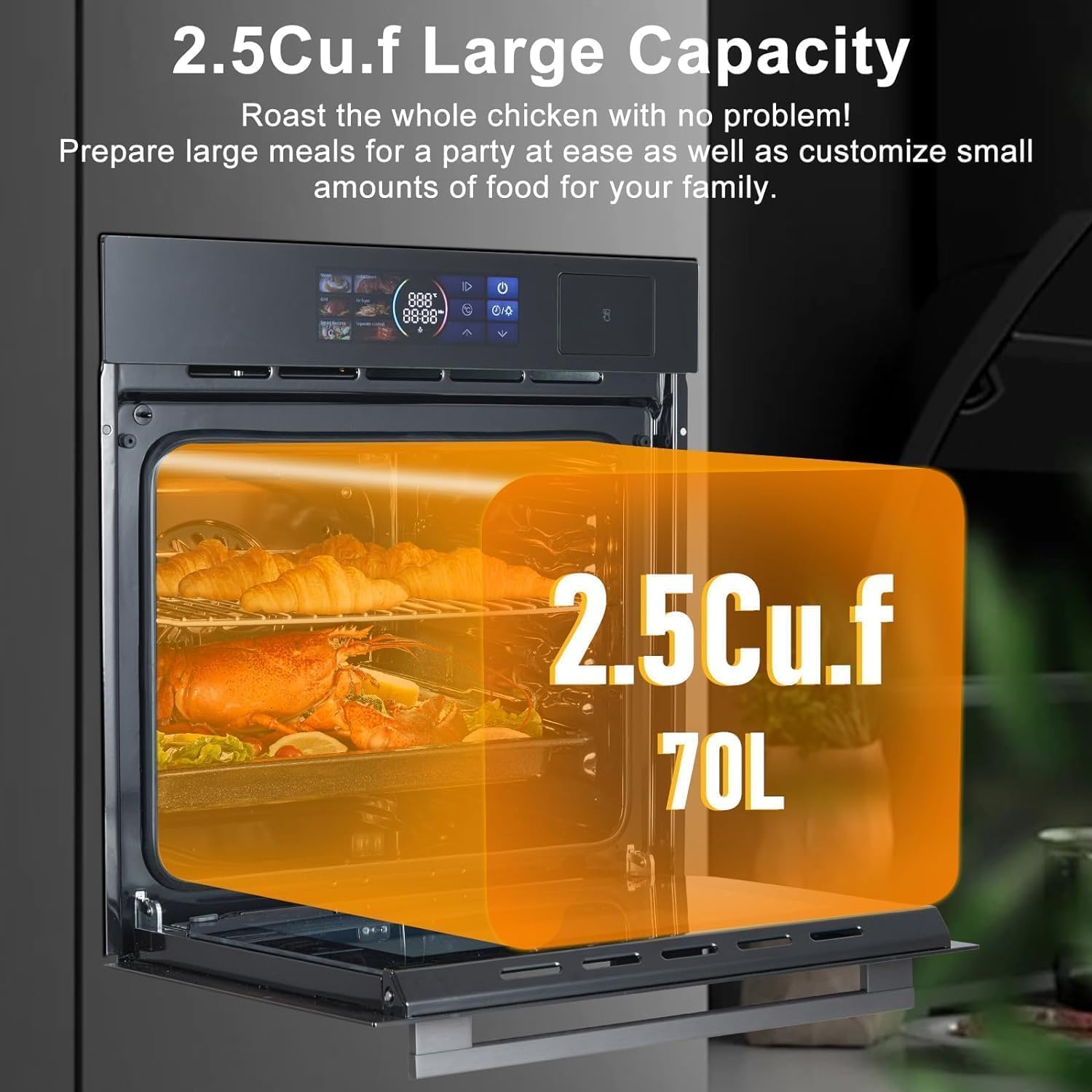 Single Wall Oven, 24" Electric Oven 2.5 Cu.Ft Capacity, Wall Oven with Air Frying Function, 8 Cooking Functions, Steam &Grill Oven 2 In1, Large View Window, Colorful LED Screen,3000W, 240V