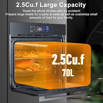 Single Wall Oven, 24 Electric Oven 2.5 Cu.Ft Capacity, Wall Oven with Air Frying Function, 8 Cooking Functions, Steam &Grill Oven 2 In1, Large View Window, Colorful LED Screen,3000W, 240V