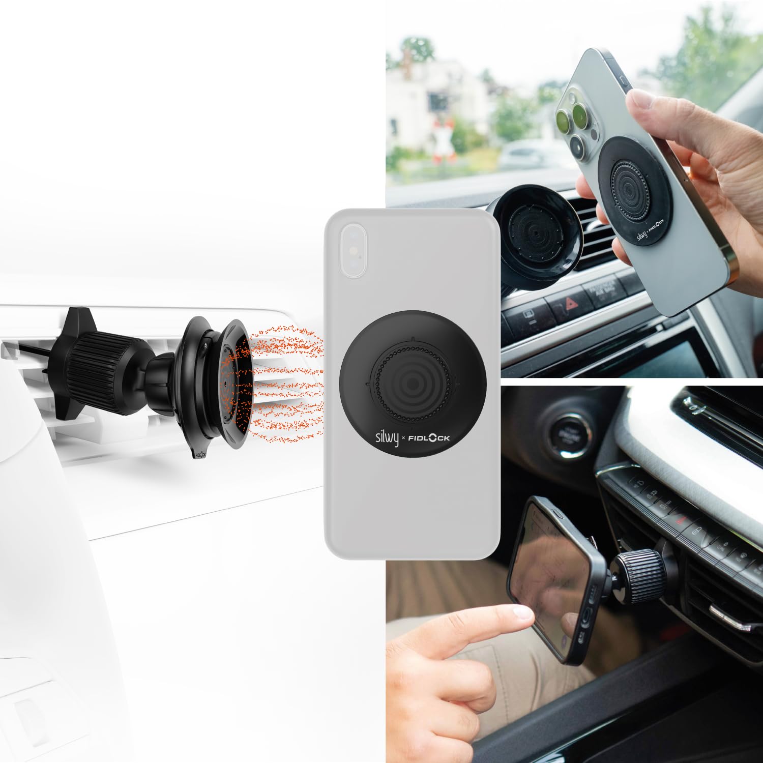 Silwy - Soporte magnético para Rejilla de ventilación de Coche, Incluye Parche magnético al vacío, Giratorio 360°, se Puede Usar con una Sola Mano, Parche con nanogel, se Puede Quitar sin Dejar