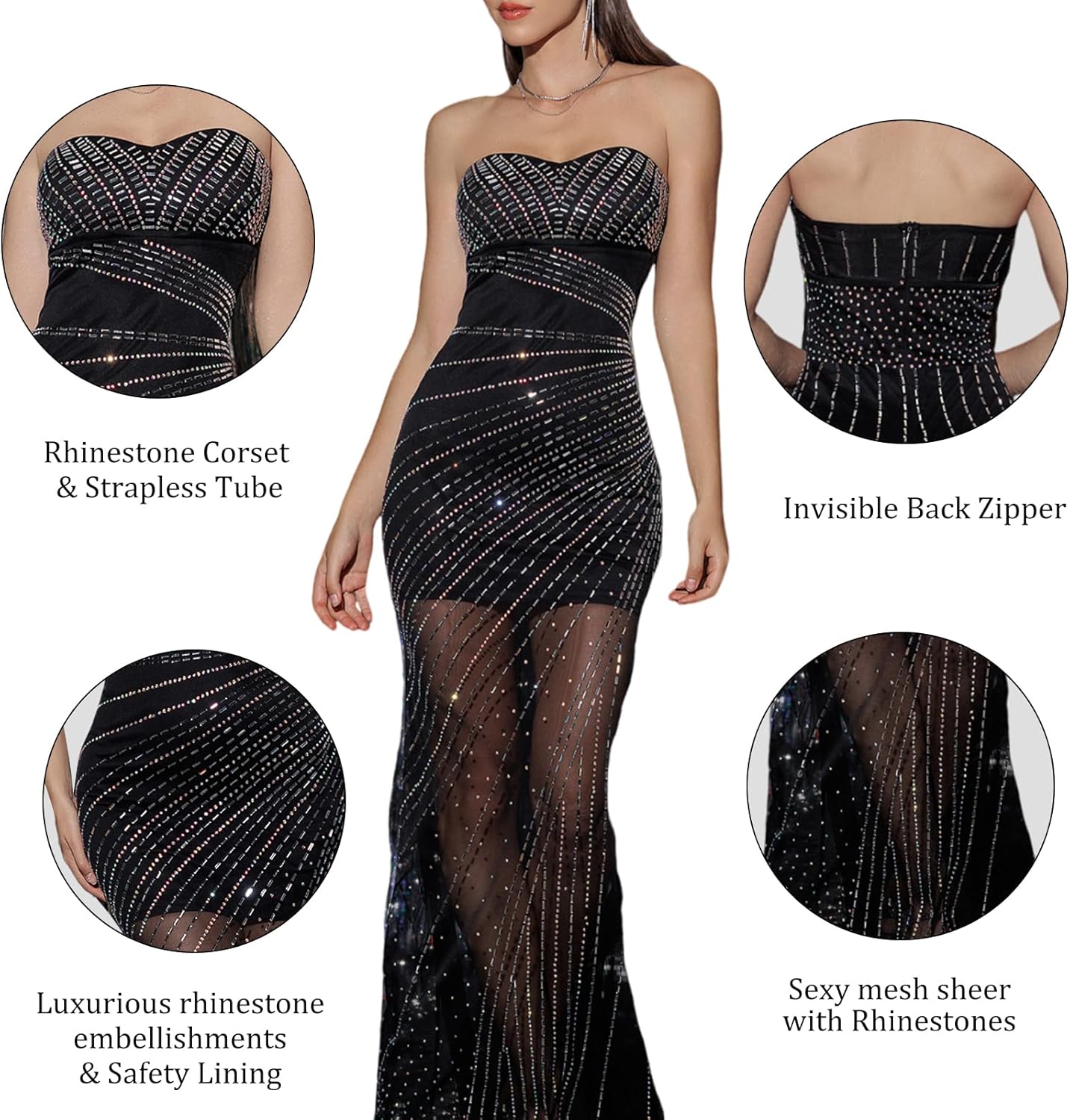 Women's Sexy Bodycon Maxi Strapless Tube Dress Black Backless Long Sequin Dress - Image 4