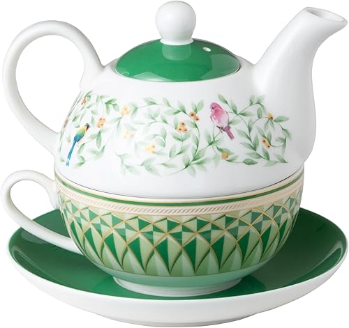 Miniatura 2 de Té de porcelana de 4 piezas para uno (pájaros florales verdes Geo Florales)