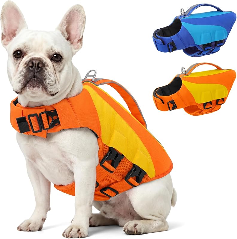 AOFITEE Dog Life Jacket, Adjustable Medium Dog Life Vest, High Buoyancy Dogs Swimming Vest Lifejacket with Handle & D-Rings, Reflective Pet Safety Vest Lifesaver for Swimming Boating (Orange M)