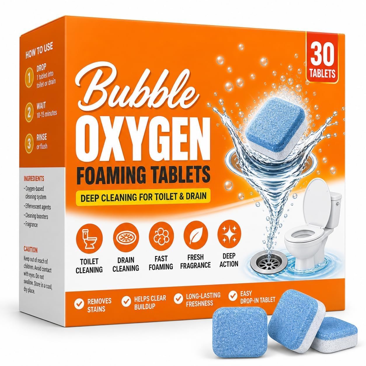 Bubble Oxygen Foaming 30 Tablets for Toilet & Drain Cleaning Deep Cleaning Effervescent Tablets for Toilet Bowl, Sink, Drains & Pipes | Odor Removal, Freshness & Bathroom Maintenance Cleaner-image-25