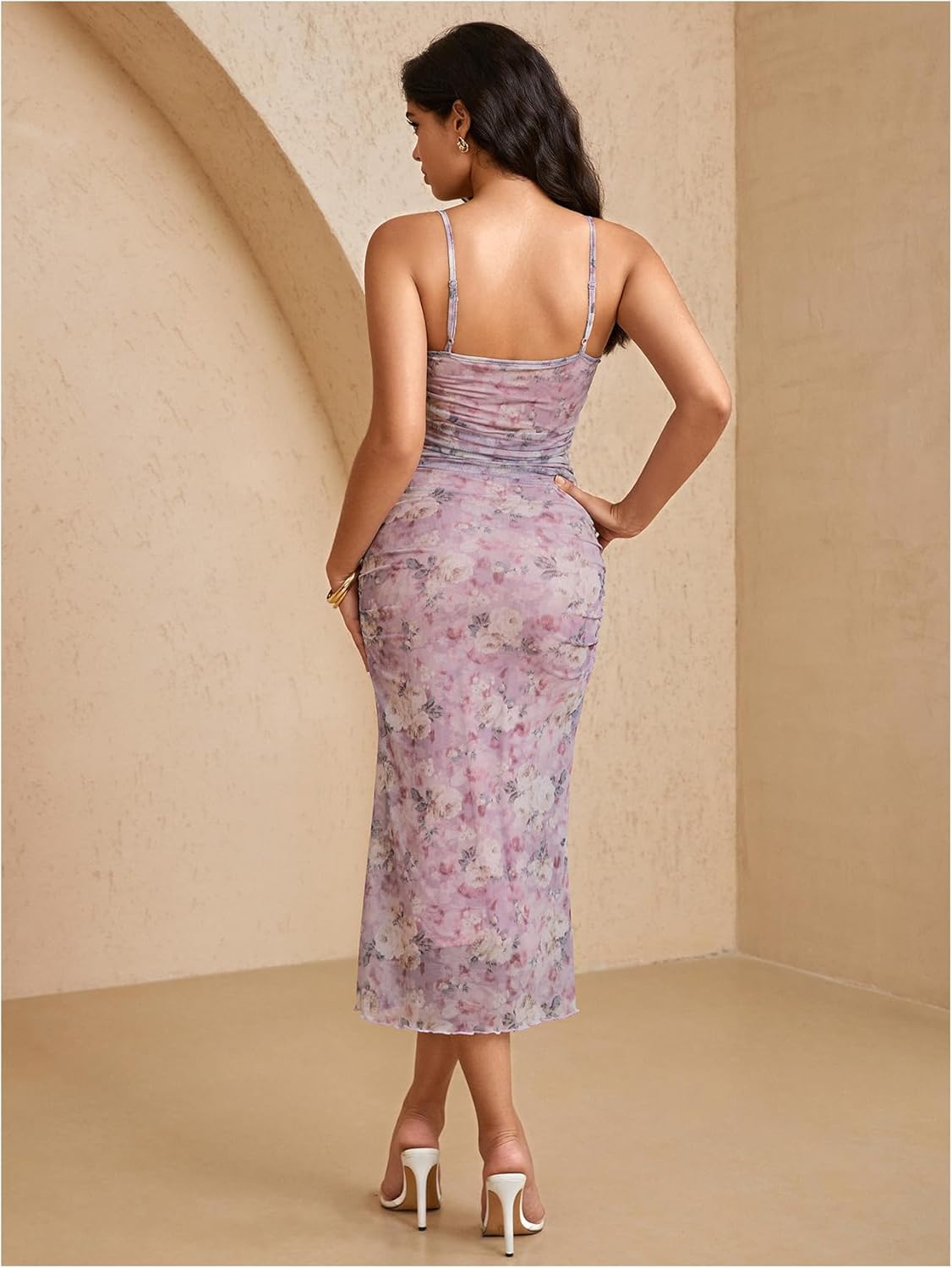 Milumia Women's Elegant Floral Ruched Spaghetti Straps Cami Dress Fishtail Bodycon Midi Dresses - Image 2