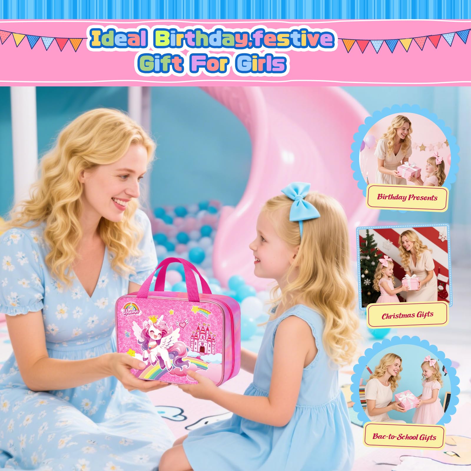 DreamyCandy Set di pennarelli lavabili con astuccio per il trasporto, forniture artistiche per bambini dai 4 ai 6 - 8 anni, set da colorare con adesivi, regalo di compleanno per ragazze di 4, 5, 6, 7