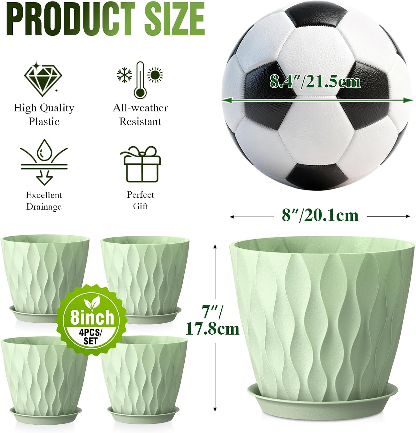 8 Inch Plant Pots 4 Pack Plastic Planters with Drainage & Saucers image 3