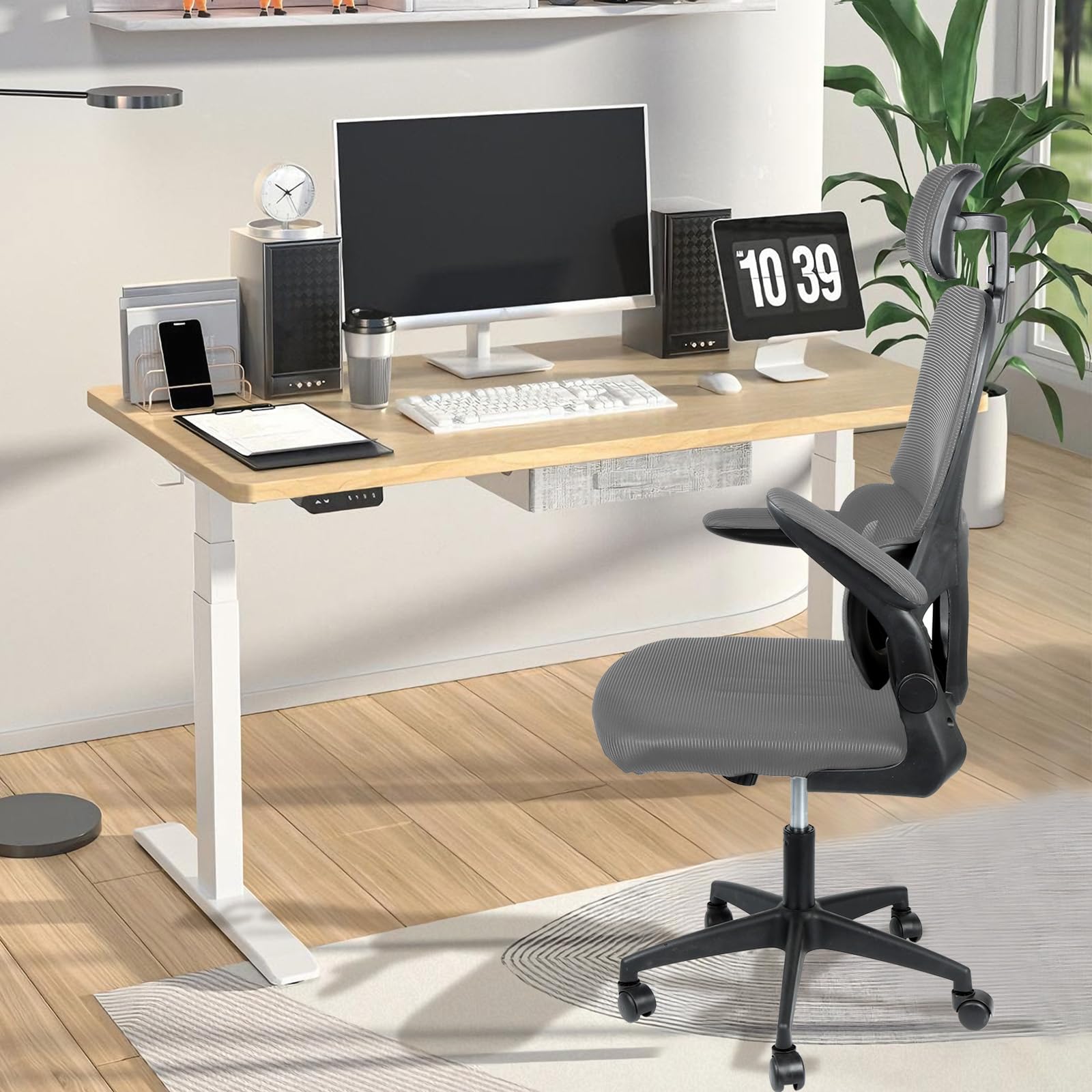 Bürostuhl Ergonomisch Schreibtischstuhl mit Klappbaren Armlehnen, Mesh Drehstuhl mit Dynamischer Lordosenstütze & 115° Wippfunktion, Verstellbare Kopfstütze für Home Office,Grau