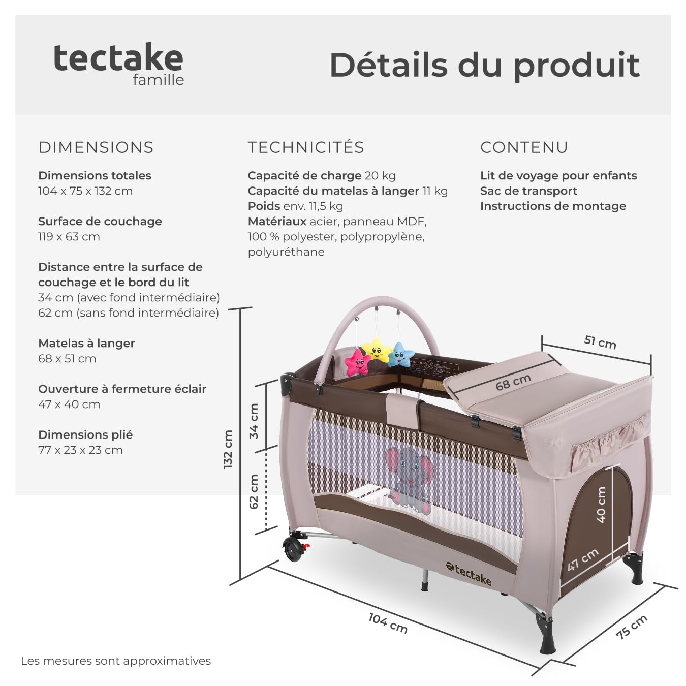 tectake® Lit Parapluie avec matelas Pliable Lit Bébé voyage léger réglable sur roulettes avec Accessoires bébé & Sac de Transport, Mobilier enfant idéal pour Maison ou Voyage Equipement bebe Parc bebe