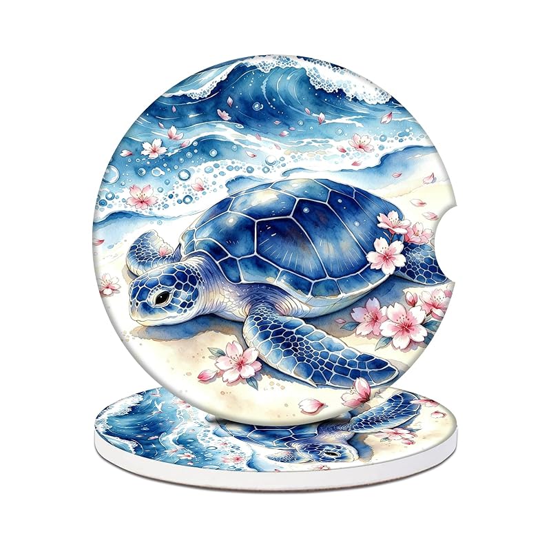 Coasters para Porta-Copos Automotivo GAMSJM Ocean Beach Turtle Flower em Cerâmica Absorvente Redondos, 6,5 cm, 2 unidades