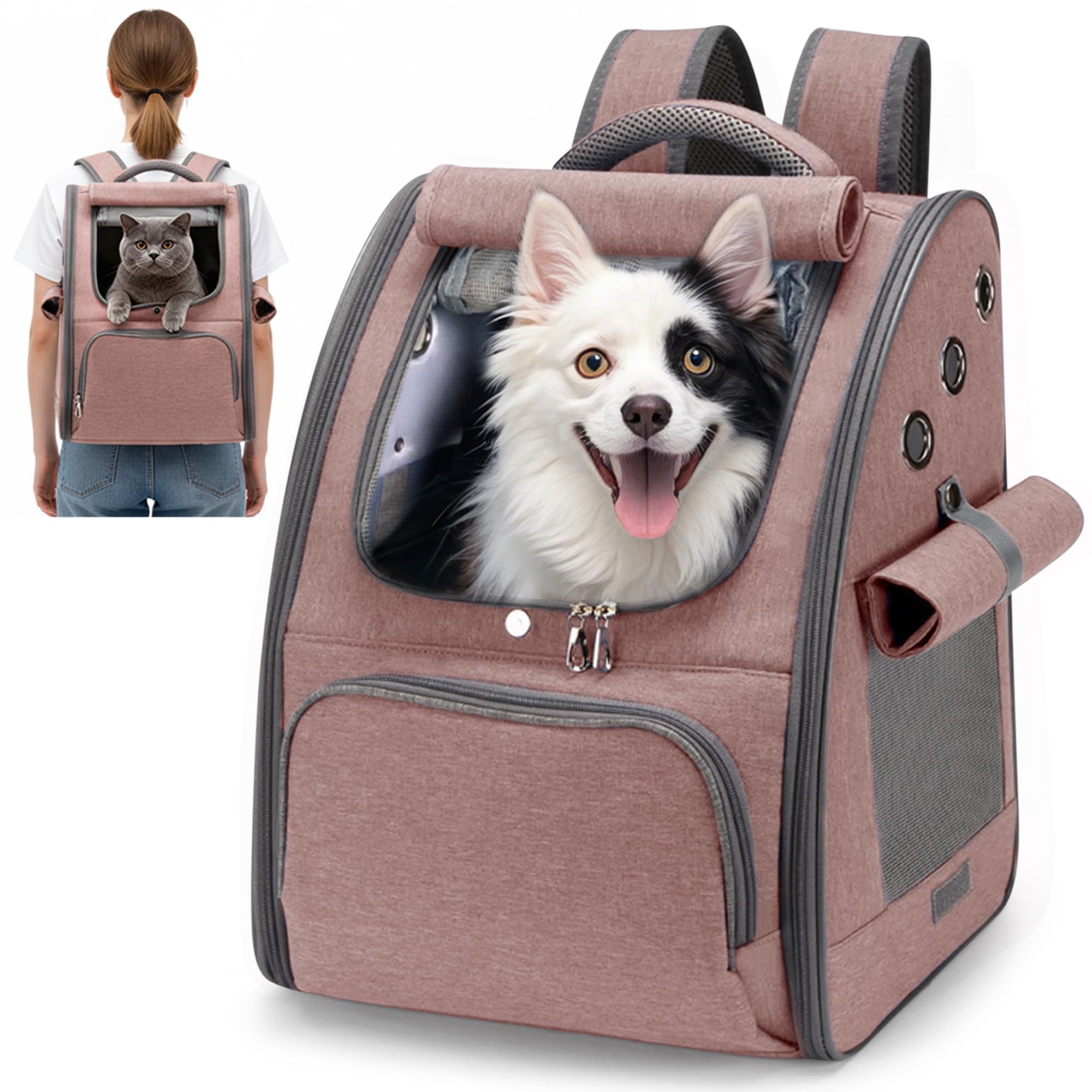 ALLSOPETS Cat Carrier Backpack, Foldable Breathable Pet Carrier Bag with Sunshade Design for Cats and Small Dogs for Travel, Vet Visits, Outdoor Walks (Rose Brown)