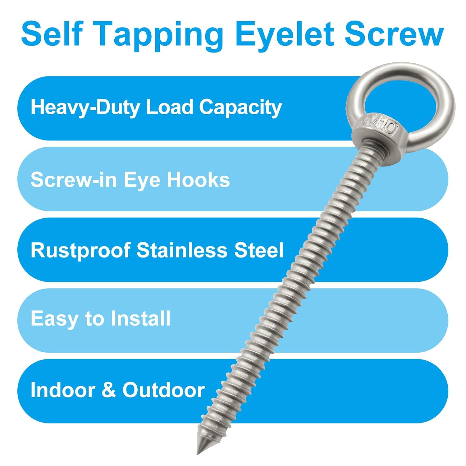 4pcs Heavy Duty Screw Eye Hooks M10-6.4 Inch Self Tapping Stainless Steel Eyelet Screw with 1000 LBS Load Capacity for Hanging, Hammock & Swing Chair
