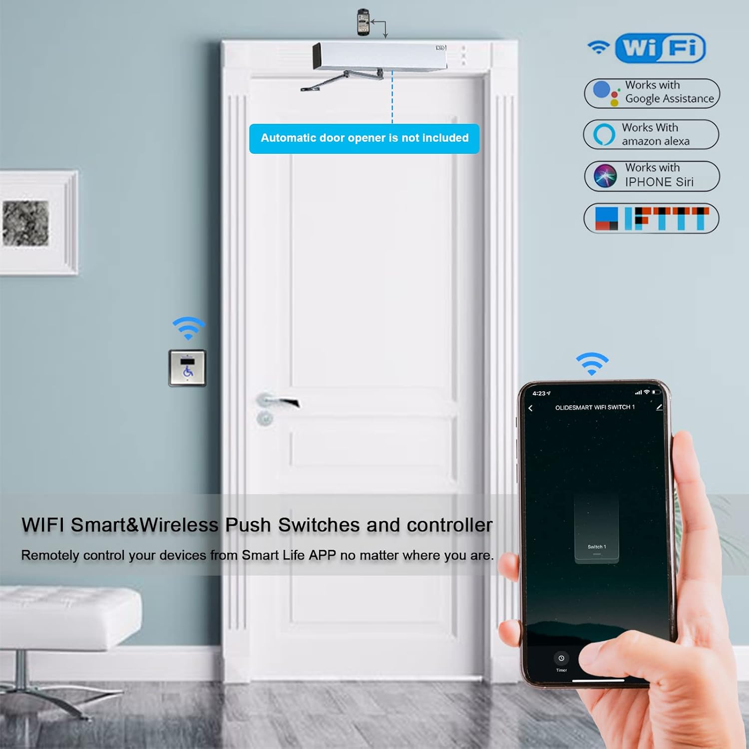 Olideauto Touch Free WiFi Wireless Sensor Switch,Handicap Door Opener Wireless Wave Sensor Open,2PCS 4.5'' Square Stainless Steel Sensor Panels and 1PCS Receiver