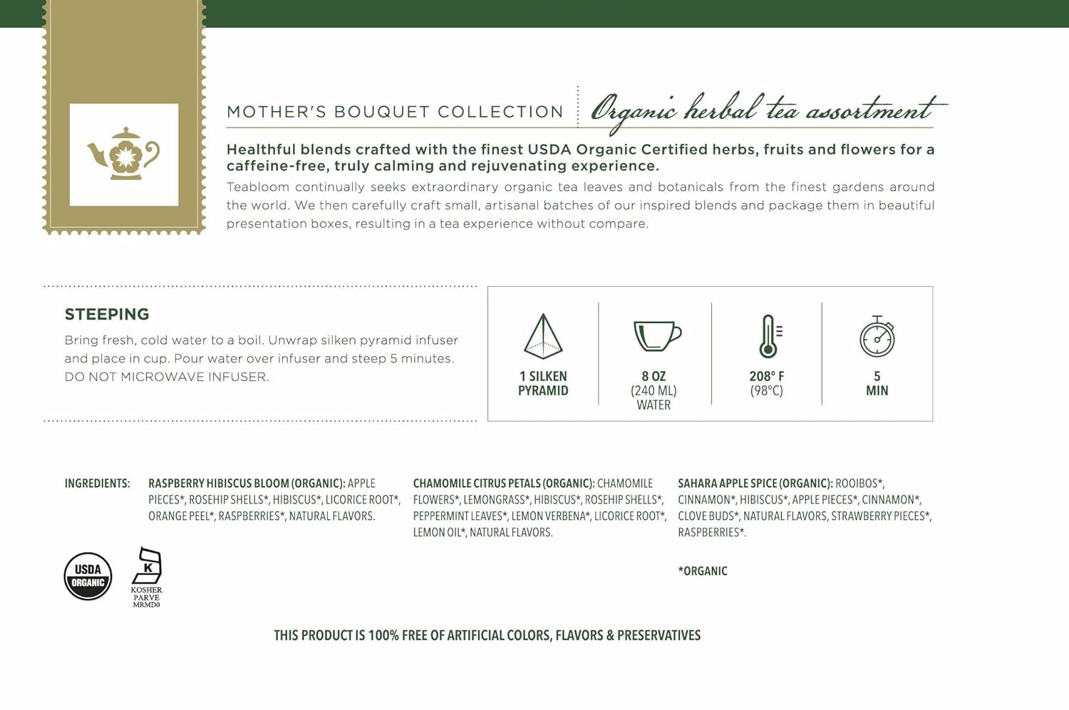Teabloom Mother’s Bouquet Gourmet Tea Gift – Herbal Assortment with 12 Organic Plant-Based Pyramid Sachets, Caffeine-Free & Kosher, Elegant Presentation Box for Tea Lovers - Image 4