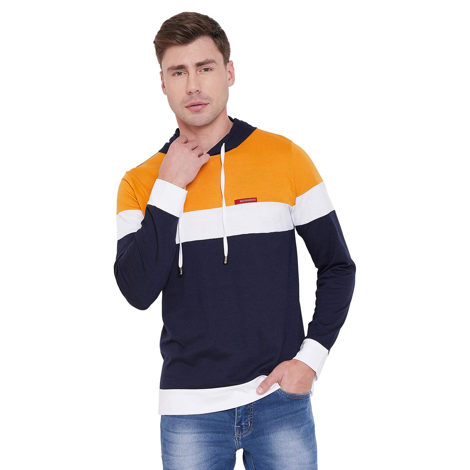 le bourgeois Men Regular Fit Drawstring Hood Full Sleeve Colorblocked Casual Sweatshirt T-Shirt (S, Mustard & Navy Blue)-picture-11