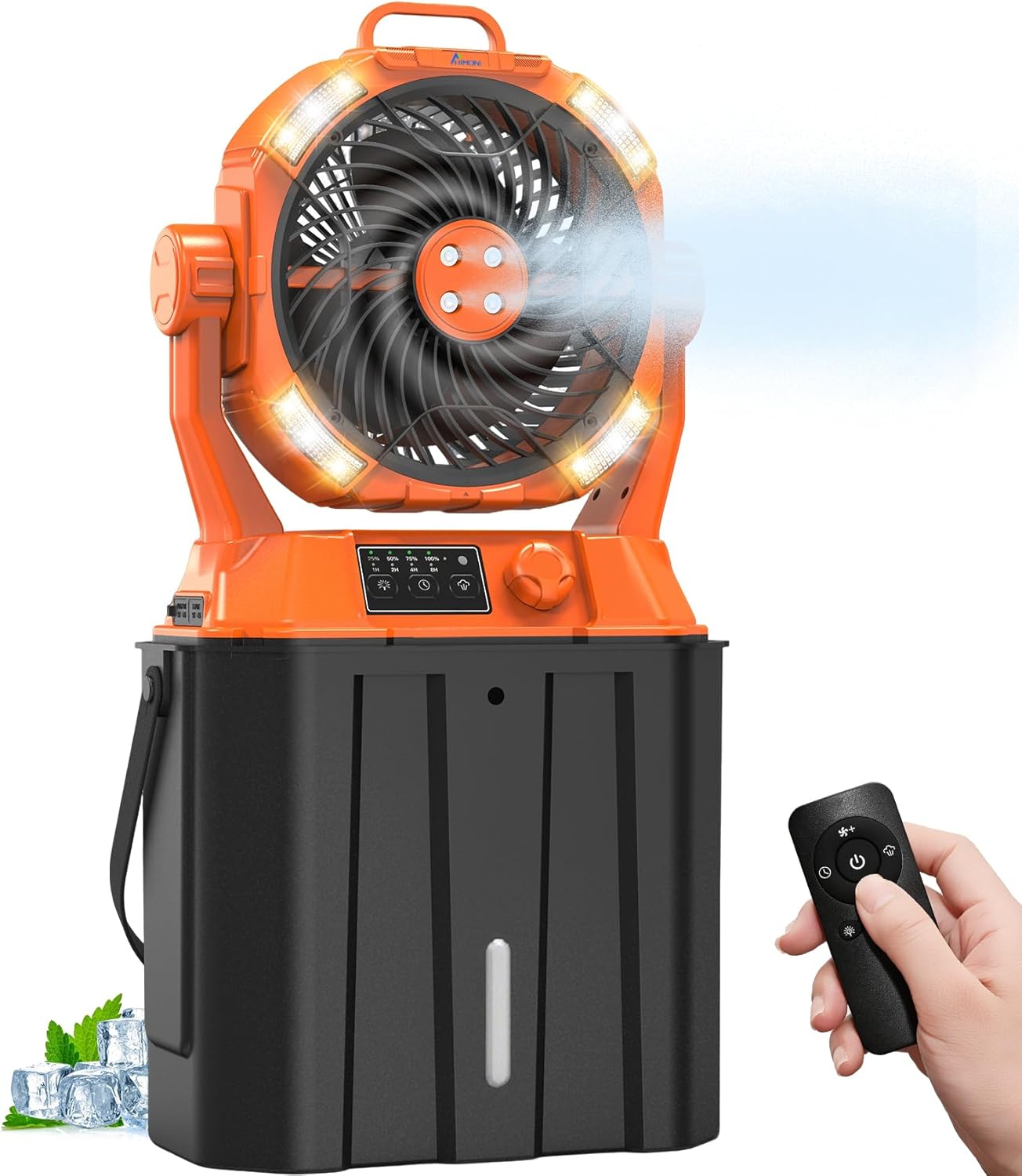 20000mAh Misting Fan with 6L Bucket & 4 Spray Misters, Waterproof Outdoor Cooling Fan for Camping/Patios - Remote Control, 4 LED Light, Stepless Speed & 56H Runtime, Rechargeable Battery, Hanging Hook