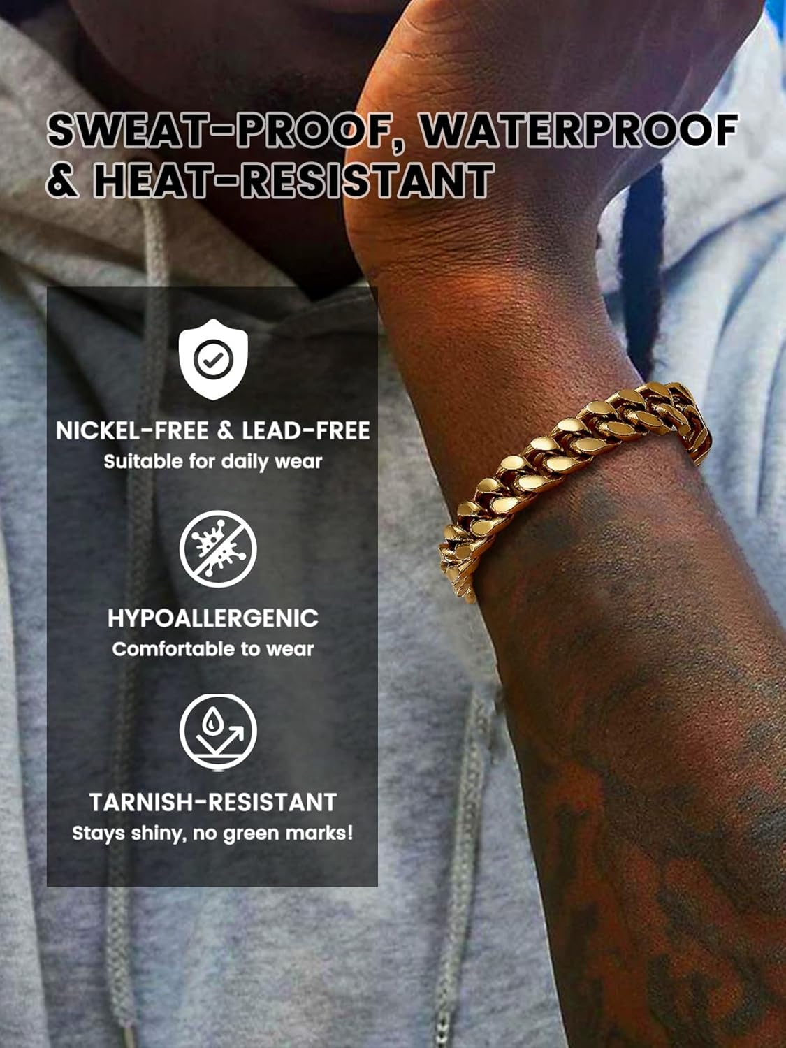 Bestyle Thick Mens Cuban Link Chain Bracelets, Durable Real 18K Gold/Black Metal Plated Solid Stainless Steel Hand Chain Cuban Bracelets for Men, Silver Black Gold Bracelets for Father Husband - Image 3