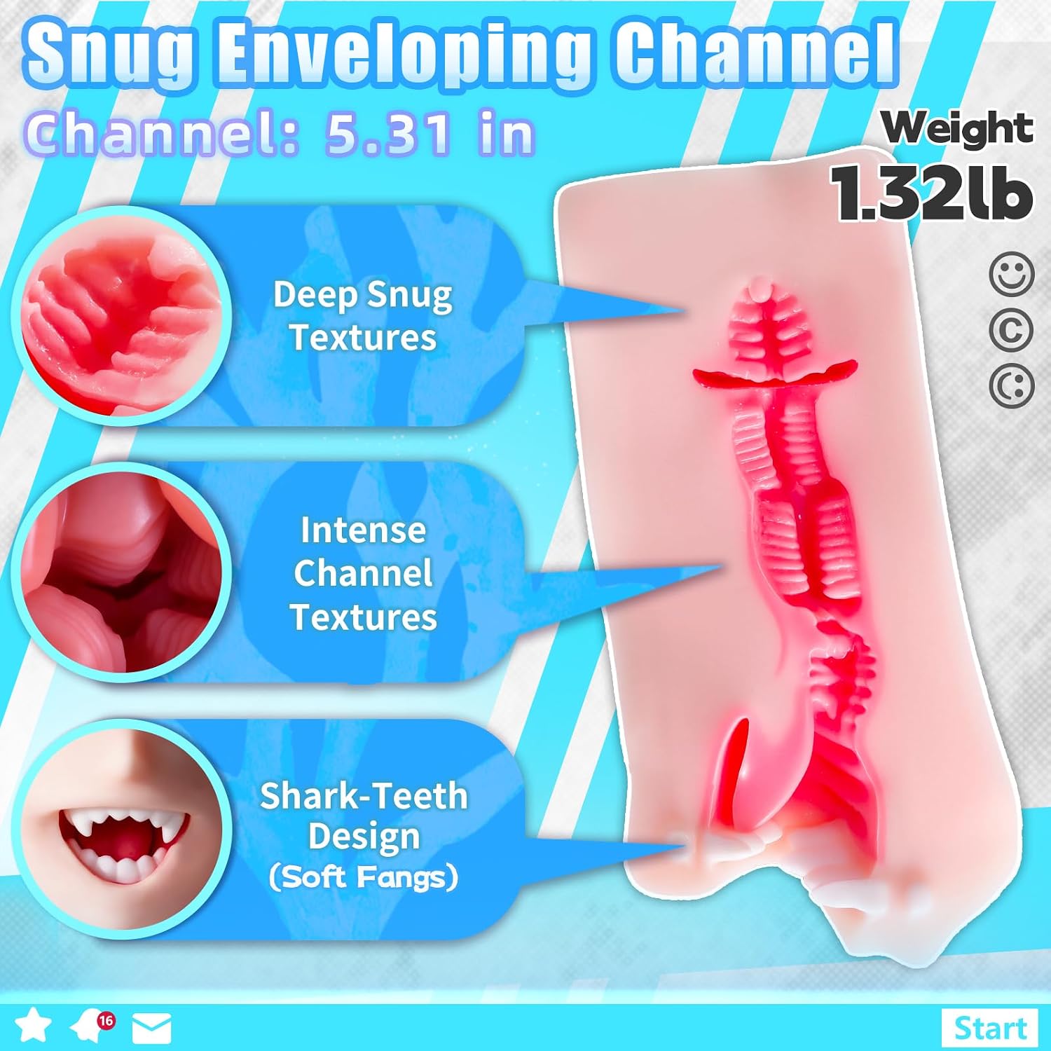 Male Masturbator Shark-Teeth Design Mouth Masturbator Adult Toys Male Sex Toys Pocket Stroker for Men 1.32LB