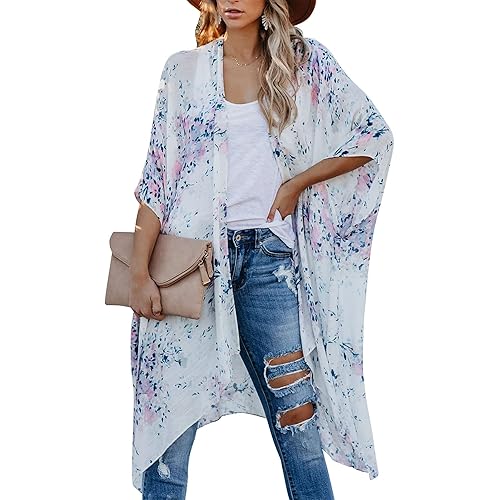 PRETTODAY Women's Summer Floral Print Kimonos Loose Half Sleeve Chiffon Cardigan Blouses Casual Cover Up