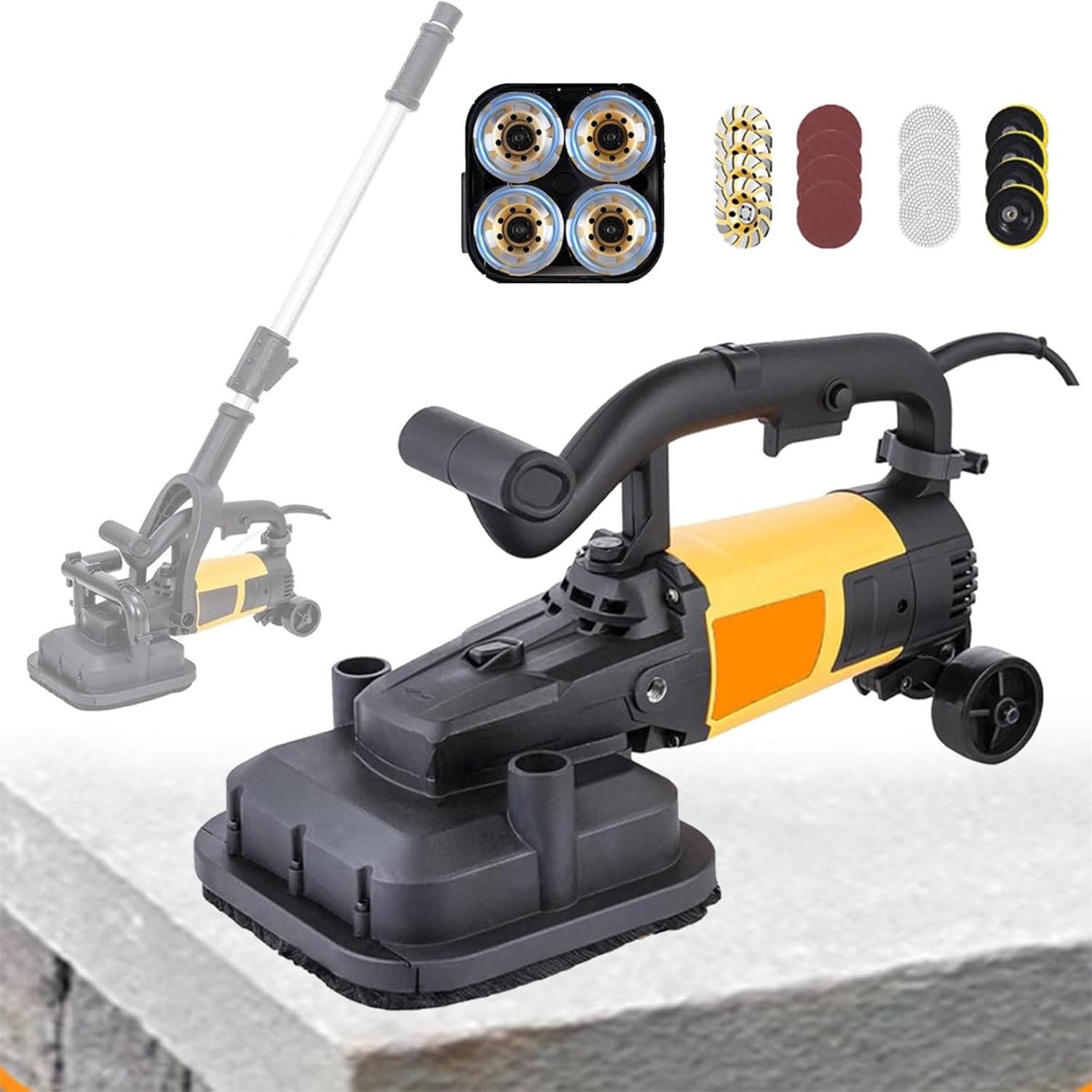 Rettificatrice elettrica per pavimenti, smerigliatrice per calcestruzzo a 4 teste, levigatrice per cartongesso per cemento, piastrelle, marmo, granito, potente 3800 W, asta di prolunga inclusa
