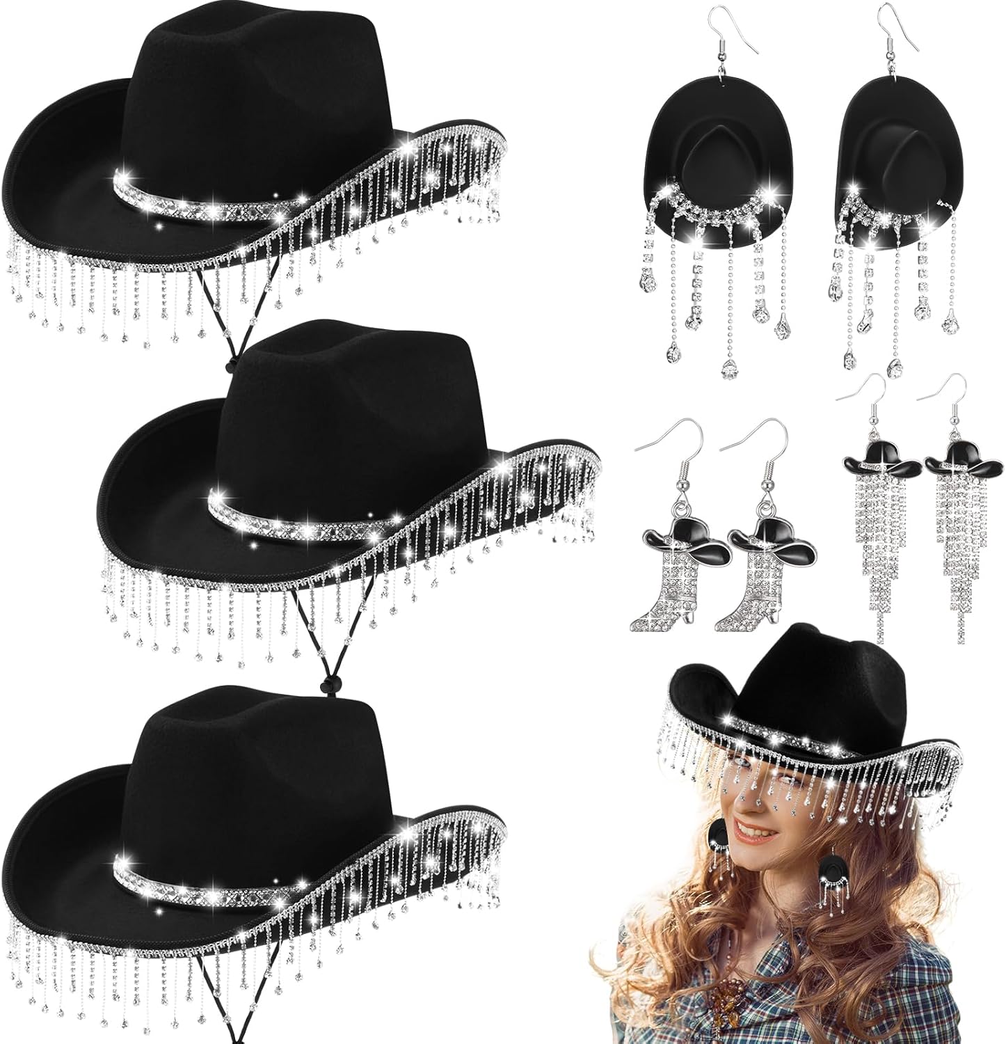 6 Pcs Cowgirl Hat Black Rhinestone Set 3 Cowboy Hat with Fringe 3 Western Earring Bling Diamond Fringe Cowboy Cap for Bachelorette Party Cosplay Costume Wedding Bridal Shower Favor