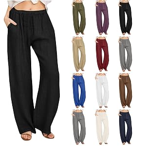 Womens Linen Palazzo Pants Plus Size Elastic High Waist Casual Beach Pant Flowy Summer Trendy Lightweight Trousers