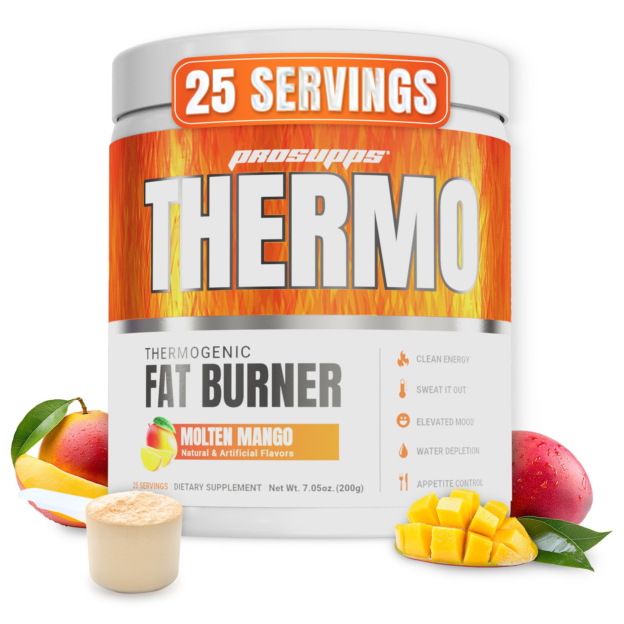 PROSUPPS Thermogenic Fat Burner Powder, Molten Mango - Weight Loss & Metabolism Booster Pre Workout Supplement for Women & Men - Supports Appetite Control & Boosts Energy - Gluten-Free - 25 Servings